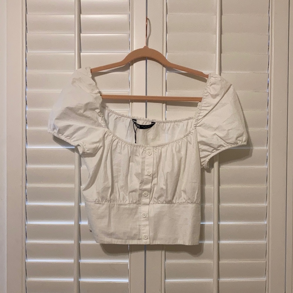 Zara square neck puffy sleeves white blouse shirt